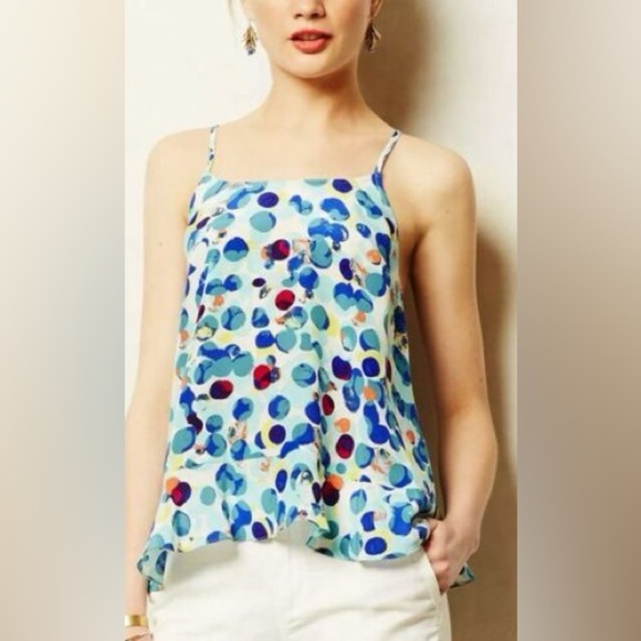 Anthropologie Maeve Zabella Silk Tank Size 10 Aqua Motif Dotted Ruffled - Picture 3 of 11